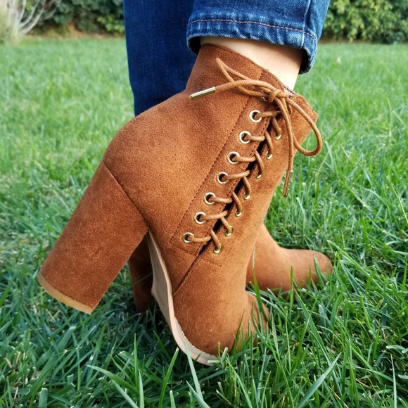 Brown Vegan Suede Ankle Booties Side Laced Up - Picture 8 of 8